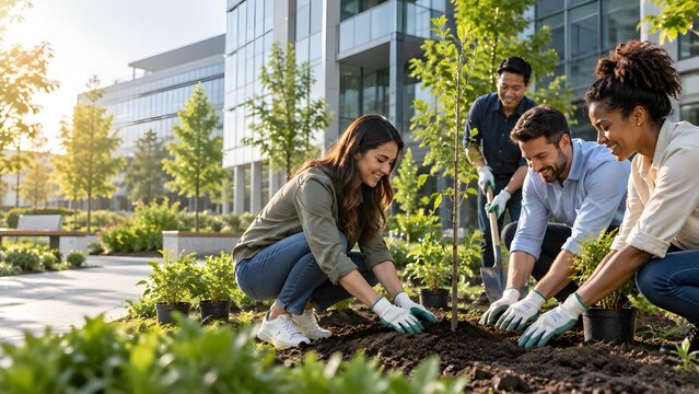 Group of people planting greenery in an urban garden area