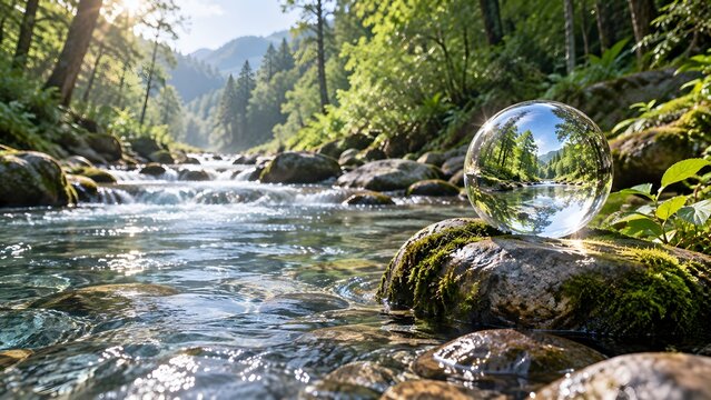 Crystal ball reflecting forest scene over a flowing stream with rocks and greenery