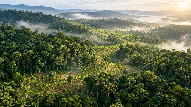 Lush green forest landscape with distant mountains and misty horizon at sunset
