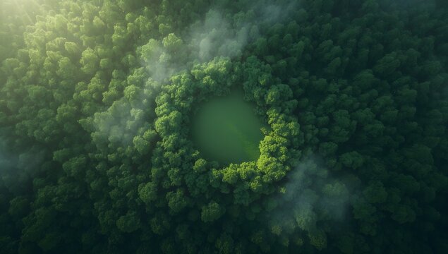 Lush green forest canopy with sunlight filtering through trees