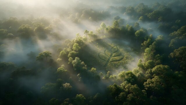 Misty forest landscape with dense green trees and calm water