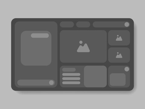 Modern Dark Mode Dashboard UI Wireframe Template Vector Design with Image Placeholders and Widgets for Application Control Panel and Web Prototype