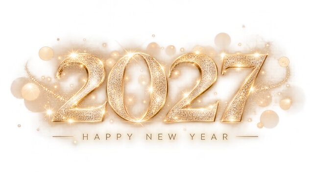 Sparkling '2027' and 'Happy New Year' Text Decoration: Elegant golden numbers '2027' adorned with glittering particles and bokeh lights, accompanied by festive 'Happy New Year' text.