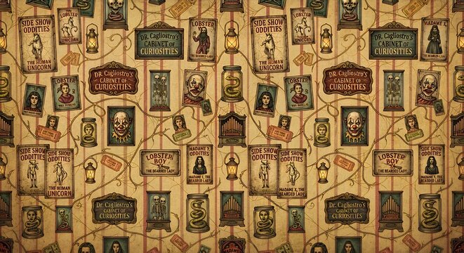 Vintage Halloween seamless pattern with creepy cabinet of curiosities, sideshow oddities, skeletons, and vintage circus posters on striped background. 