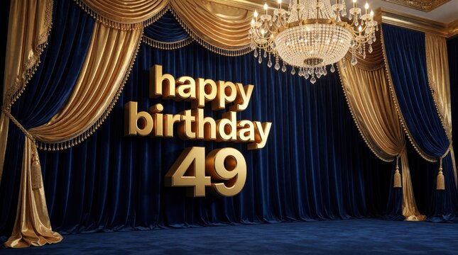 Elegant 3D backdrop for 49th birthday celebration. Gold text on blue velvet curtain in luxury ballroom. Large crystal chandelier hangs above festive stage. Grand event decor with golden drapes,