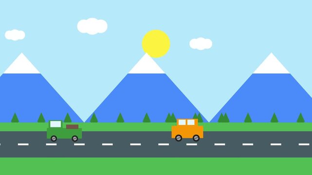 Flat illustration of cars driving on a road with mountains