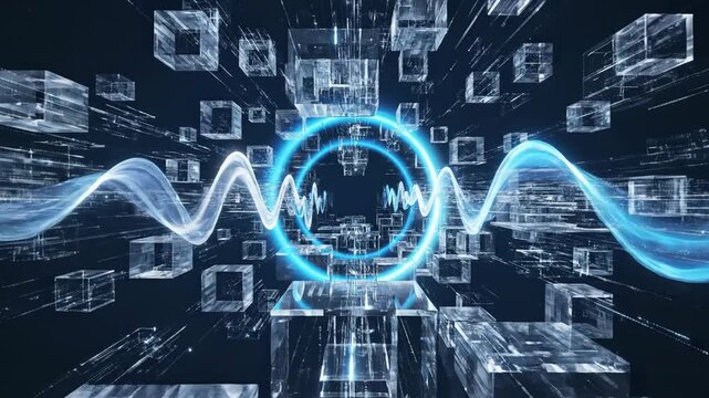 Abstract Digital Wave Flowing Through Geometric Glass Cubes in Dynamic Tech Scene