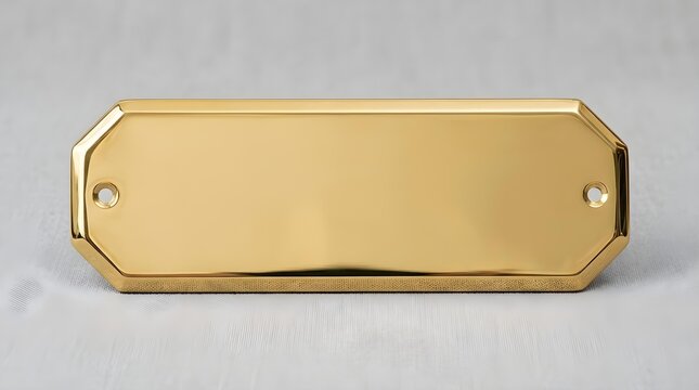 Polished brass plaque blank nameplate with screw holes for custom text engraving against neutral grey background