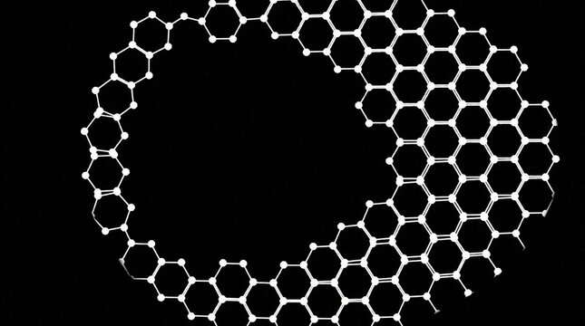 Abstract white honeycomb pattern on black background. Geometric hexagonal shapes form circular ring structure. Minimalist tech design with symmetrical lattice lines, dots. Modern scientific molecular