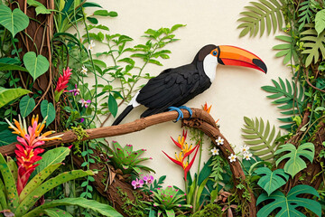 Fototapeta premium Papercut Illustration Of Colorful Toucan Bird Perched On Branch In Lush Tropical Jungle With Exotic Flowers And Green Leaves, Creative Layered Paper Craft Art Style