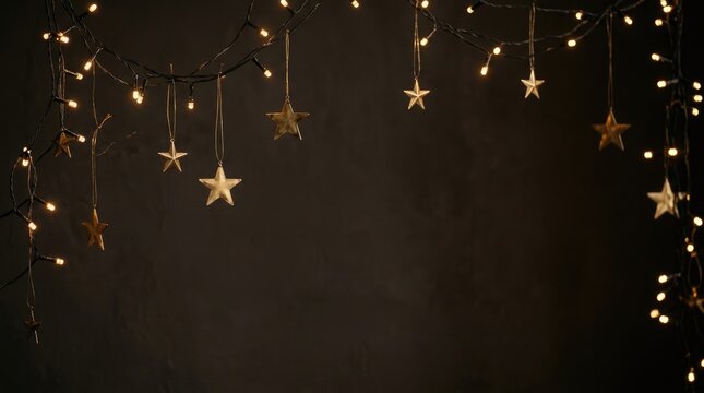 Christmas string lights with hanging golden star ornaments against a dark, moody background christmas day