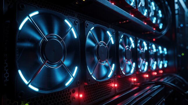 Crypto mining rig with bright blue led cooling fans in data center. Powerful hardware equipment processes digital data in server room. High tech computer system uses electric power, advanced tech for