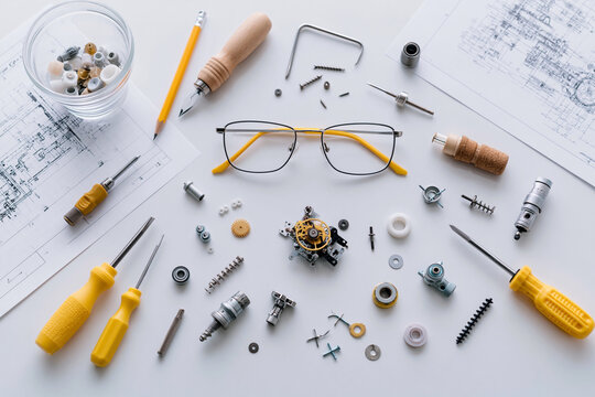 Tools and parts lie scattered across a clean white surface. Pair of glasses rests near screws and gears. Yellow-handled screwdrivers stand ready for assembly