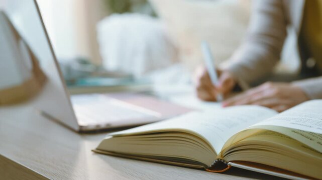 Studying and writing beside an open book illustrates learning and education at home, with a laptop nearby as hands record notes and keep studying materials together on a table during a quiet session.