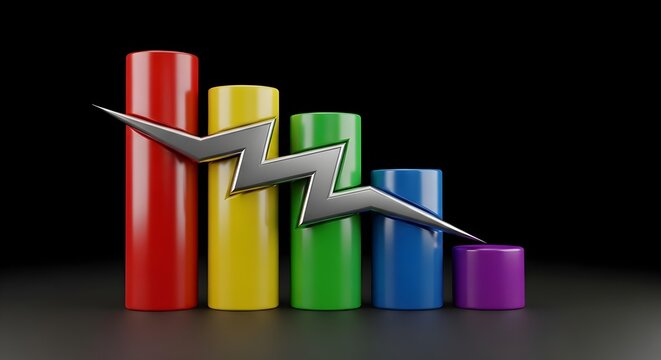 Decrease chart business concept with colorful declining bar graph and metallic lightning bolt symbol against black background