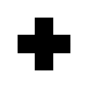 Vector illustration of simple black cross symbol icon, a bold geometric shape representing medical, health, addition, or positive concepts