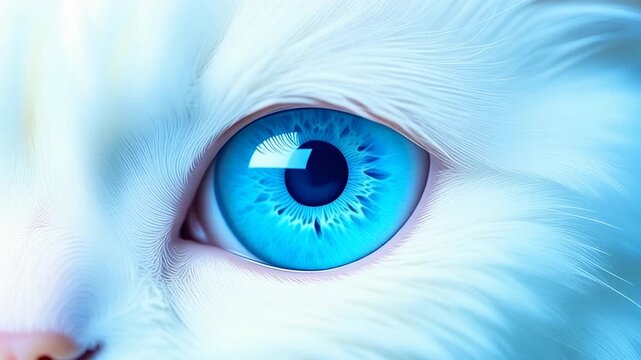 Extreme macro photorealistic footage of a cute Persian cat's eye, deep sapphire-blue iris
