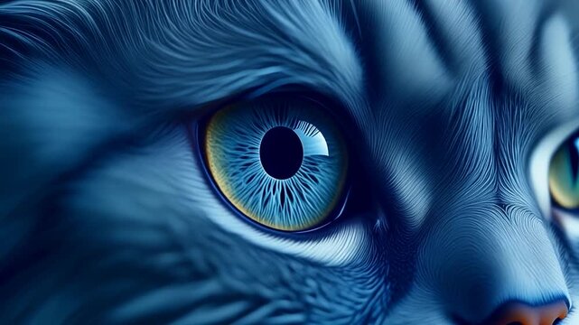 Extreme macro photorealistic footage of a cute Persian cat's eye, striking silver-gray iris
