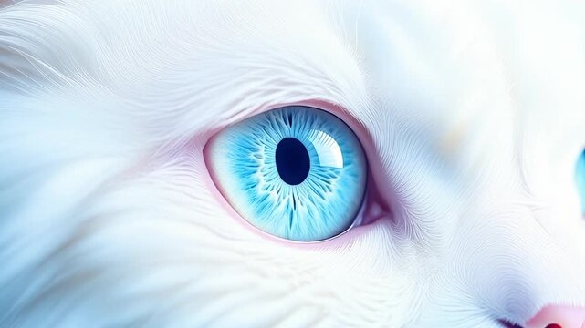 Extreme macro photorealistic footage of a cute Persian cat's eye, crystal-clear ice-blue iris
