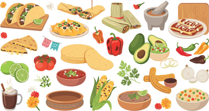 Traditional Mexican food and authentic culinary ingredients icons set with tacos burritos tamales enchiladas salsa avocado guacamole and churros vector