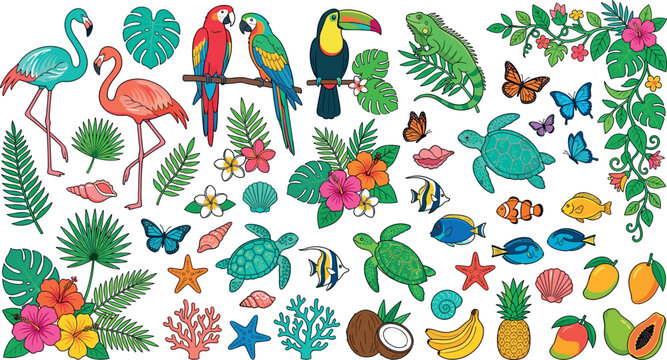 Tropical jungle and marine wildlife icons set with flamingos parrots toucan iguanas turtles fish exotic fruits and botanical leaves vector