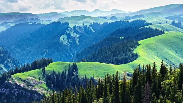 Aerial drone view of evergreen spruce forests and green hills in an alpine valley, Xinjiang, China