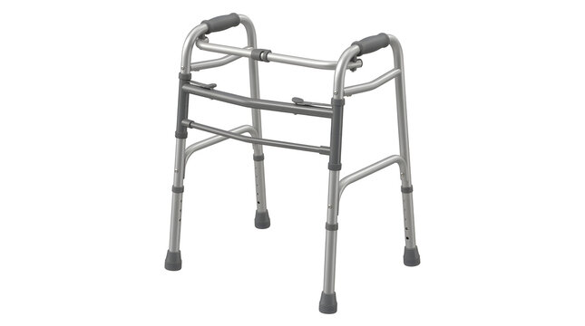 Folding walking frame for elderly mobility support isolated on