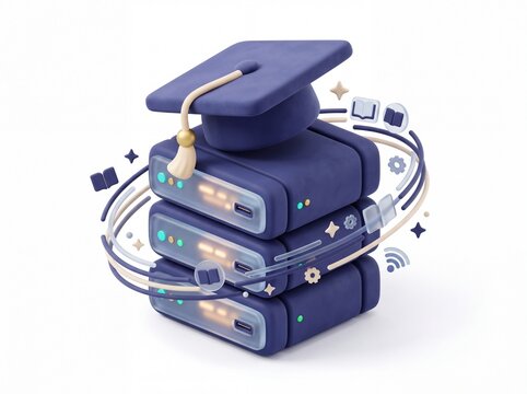 Cute 3D dark blue data center server rack wearing a graduation cap representing e-learning