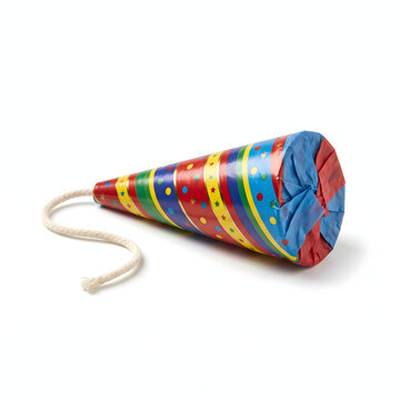 Colorful party cracker with paper wrapping and fuse for festive celebration.