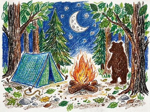 Crayon drawing of a bear camping in the forest at night