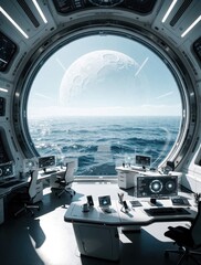 Fototapeta premium Futuristic office workspace inside lunar base moon station. Modern workstation with tech gear, computers overlooks calm blue ocean. Large circular window shows massive moon in sky. High tech interior