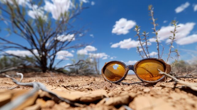 Abandoned Sunglasses on Dry Desert Ground with Cactus and Blue Sky in Background