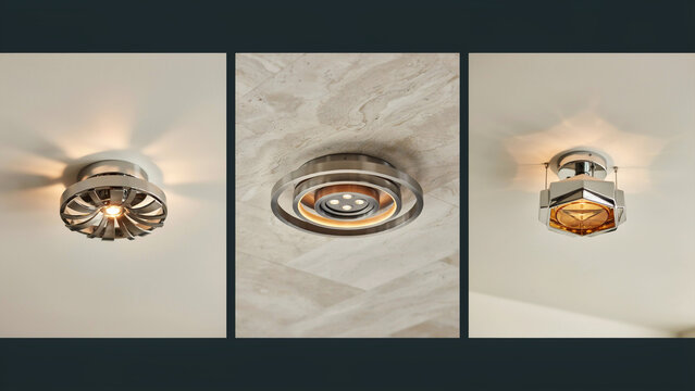 Three unique ceiling light fixtures with metallic frames and warm glowing bulbs, mounted on plain white and textured marble surfaces for display