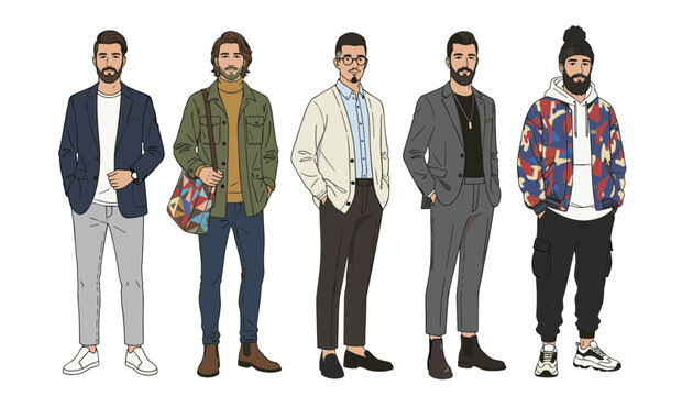 Group of five stylish and fashionable men wearing modern clothing and standing in a row on a white background.