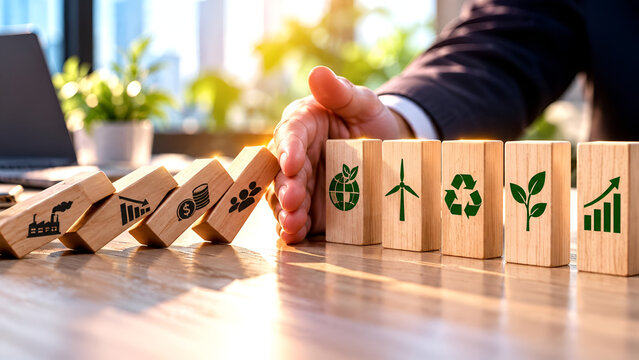 Hand stopping falling wooden blocks with environmental icons, symbolizing eco-friendly initiatives and sustainable growth in business strategy.