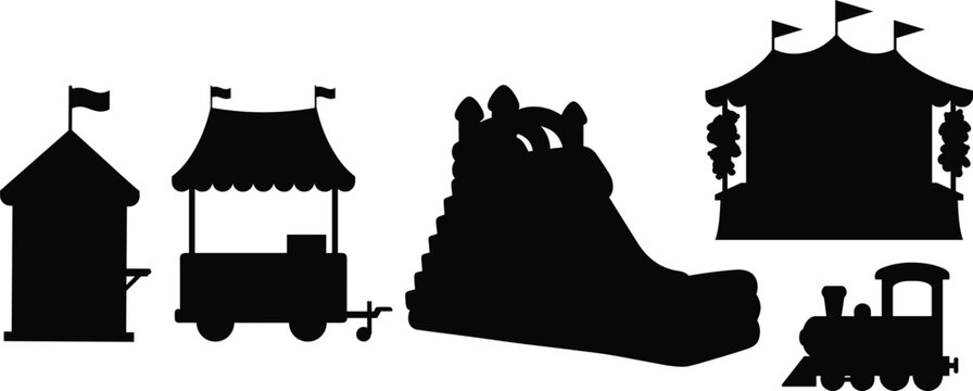 Black Amusement Park Silhouettes Featuring Ticket Booth, Food Cart, Water Slide, Circus Tent and Miniature Train