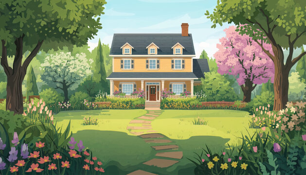 Classic yellow house illustration surrounded by colorful flowers, trees, and a fresh green garden. Great for home branding, architectural design, property promotion, and seasonal artwork.