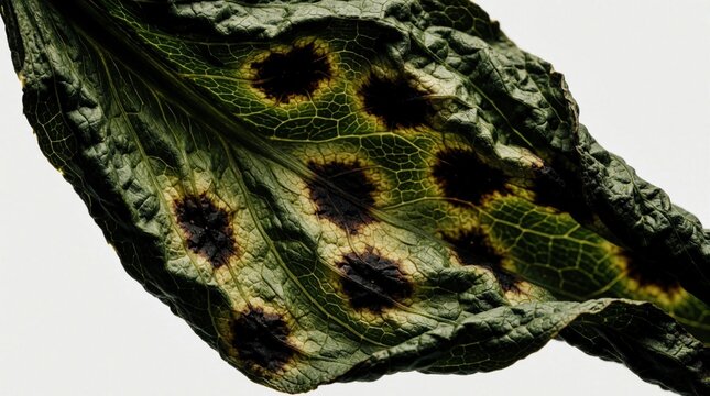 Close up of green leaf with dark spots from fungal disease. Wilting plant foliage shows decay, infection on organic texture. Macro view of botanical blight on vegetable garden leaf against white