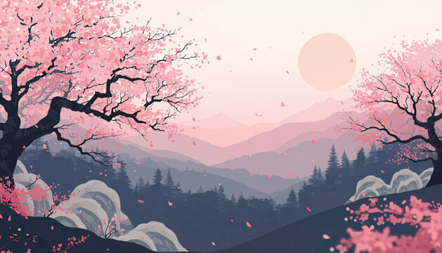 Beautiful spring mountain landscape with cherry blossom trees and soft pastel colors. Designed for travel branding, nature posters, seasonal artwork, and peaceful background designs.