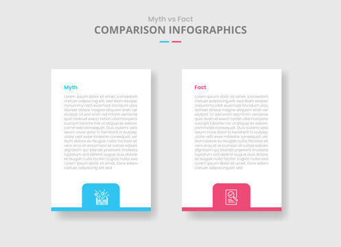 Myth vs fact comparison for infographic with drop shadow style with vertical box with badge on bottom with two point list information