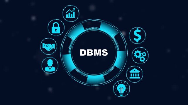 Dbms database management system concept with animated digital hud interface and business for data technology and software development presentations