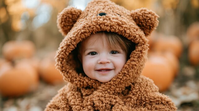 Adorable toddler wearing a fuzzy teddy bear costume smiling outdoors in autumn pumpkin patch with warm natural light and blurred background