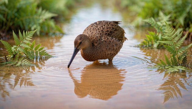 Long beak wild duck drinking water in shallow creek surrounded by ferns