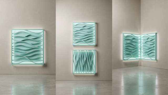 Three wall-mounted light fixtures with wavy, textured surfaces in mint green, illuminated from behind in a minimalist interior room setting