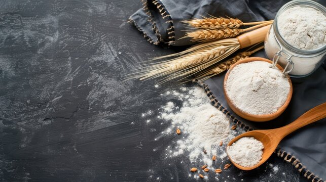 Rustic Kitchen Scene with Wheat Flour, Wheat Stalks, Wooden Spoon, and Jar on Dark Surface