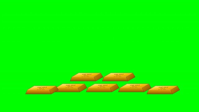 A pile of shiny gold bars arranged on a vivid green screen background representing wealth and finance