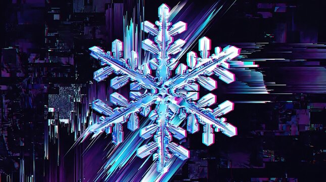 Vibrant iridescent crystalline snowflake with digital glitch art background