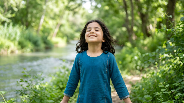 A young girl with closed eyes and a joyful smile breathes in the fresh air beside a tranquil stream in a sun-dappled forest