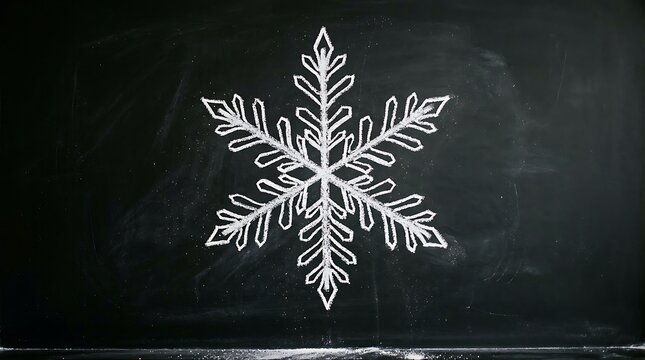 White snowflake hand-drawn with chalk on a dark blackboard background for winter themes.