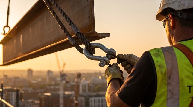 Rigger guiding a suspended steel beam with shackle on construction site